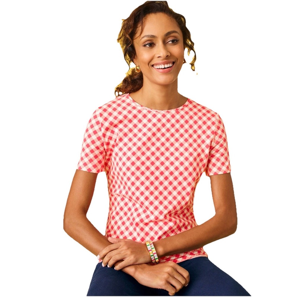 Talbots Petites Red‎ White Gingham Check Boatneck Top MP